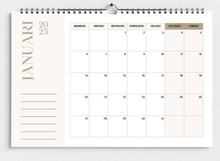 Maandpagina van A3 muurkalender – gezinsplanner met ruimte voor alle afspraken